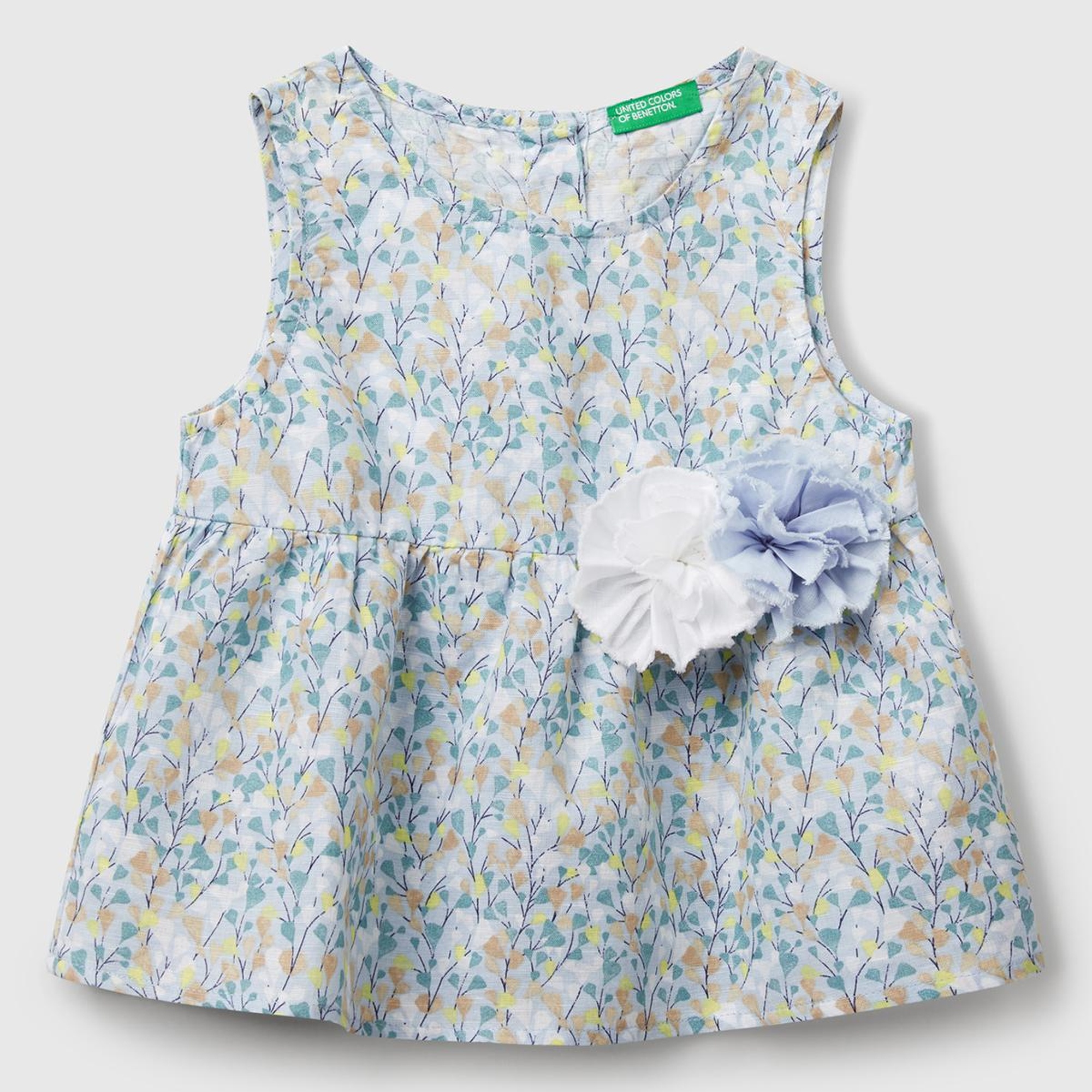 Kız Çocuk Mavi Keten Karışımlı Tamamı Desenli Çiçek Aplikeli Arkası Düğmeli Kolsuz Gömlek