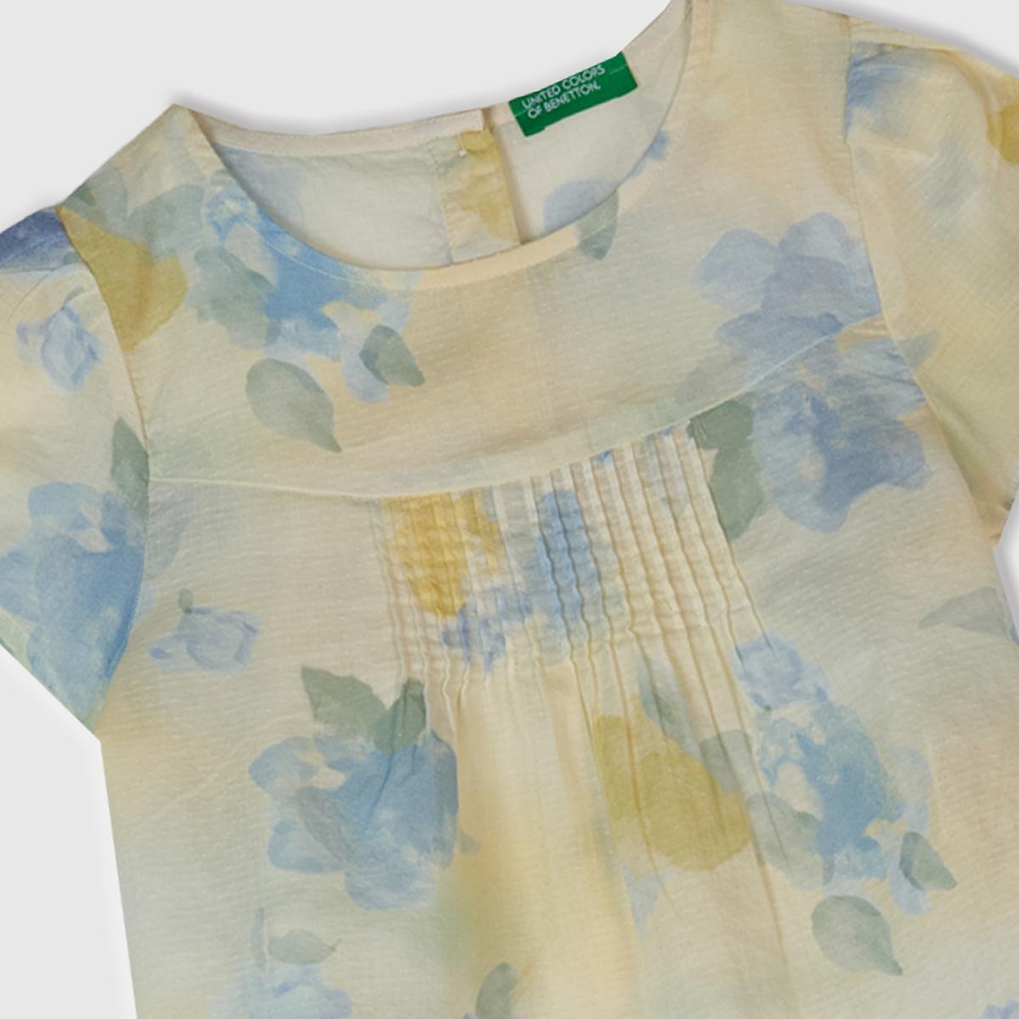 Kız Çocuk Sarı Mavi Tamamı Desenli Arkası Düğmeli Pileli Müslin Bluz