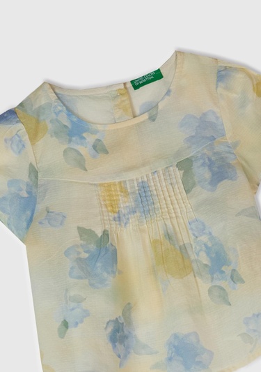  Kız Çocuk Sarı Mavi Tamamı Desenli Arkası Düğmeli Pileli Müslin Bluz