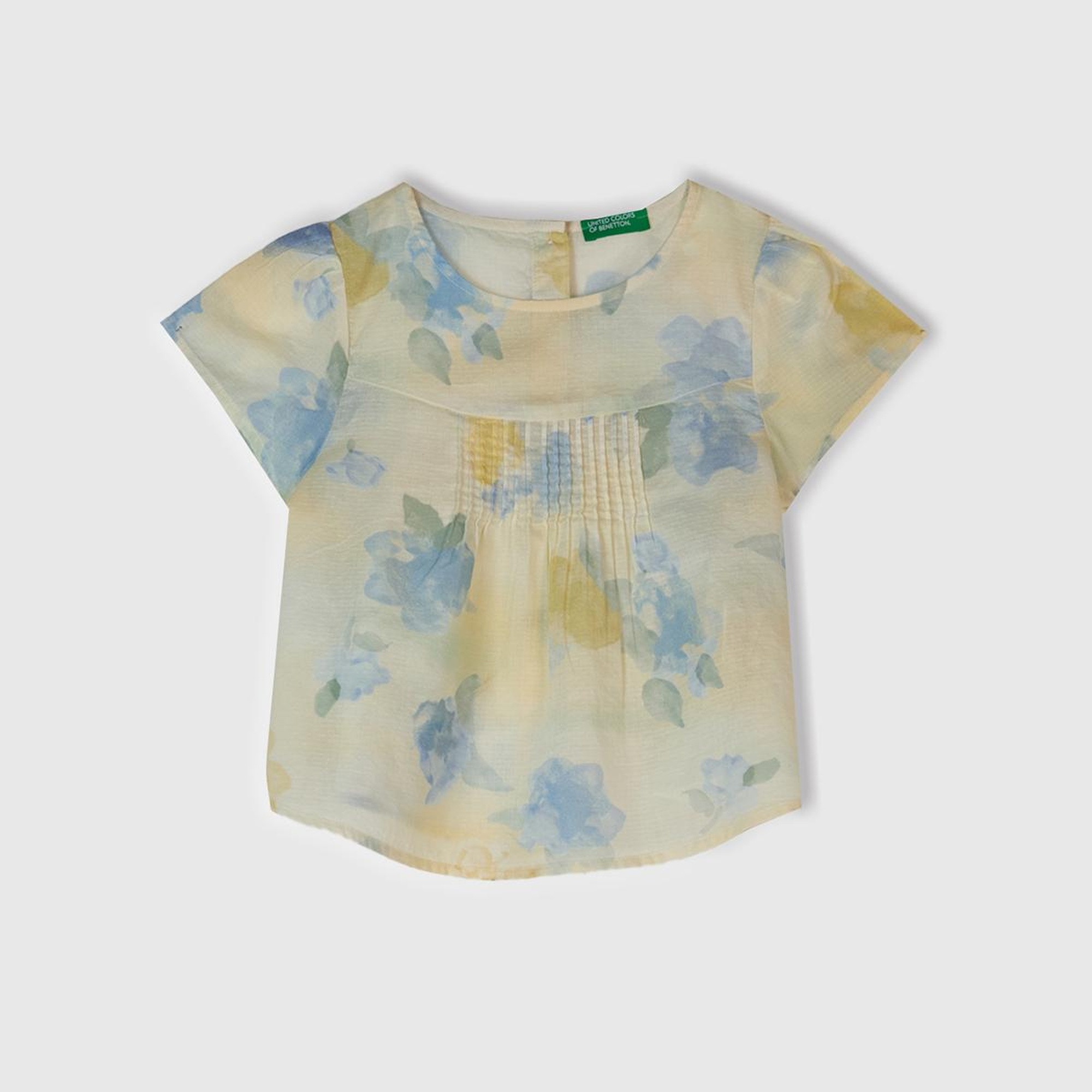 Kız Çocuk Sarı Mavi Tamamı Desenli Arkası Düğmeli Pileli Müslin Bluz