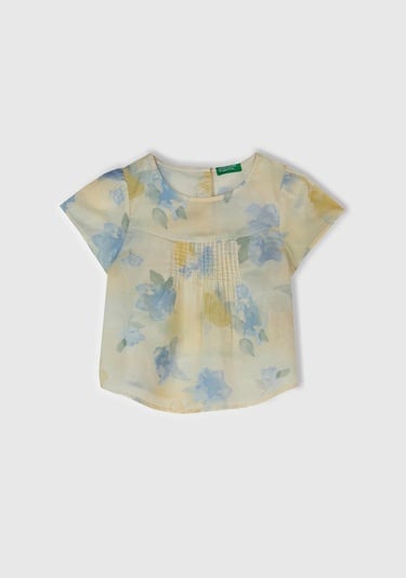  Kız Çocuk Sarı Mavi Tamamı Desenli Arkası Düğmeli Pileli Müslin Bluz