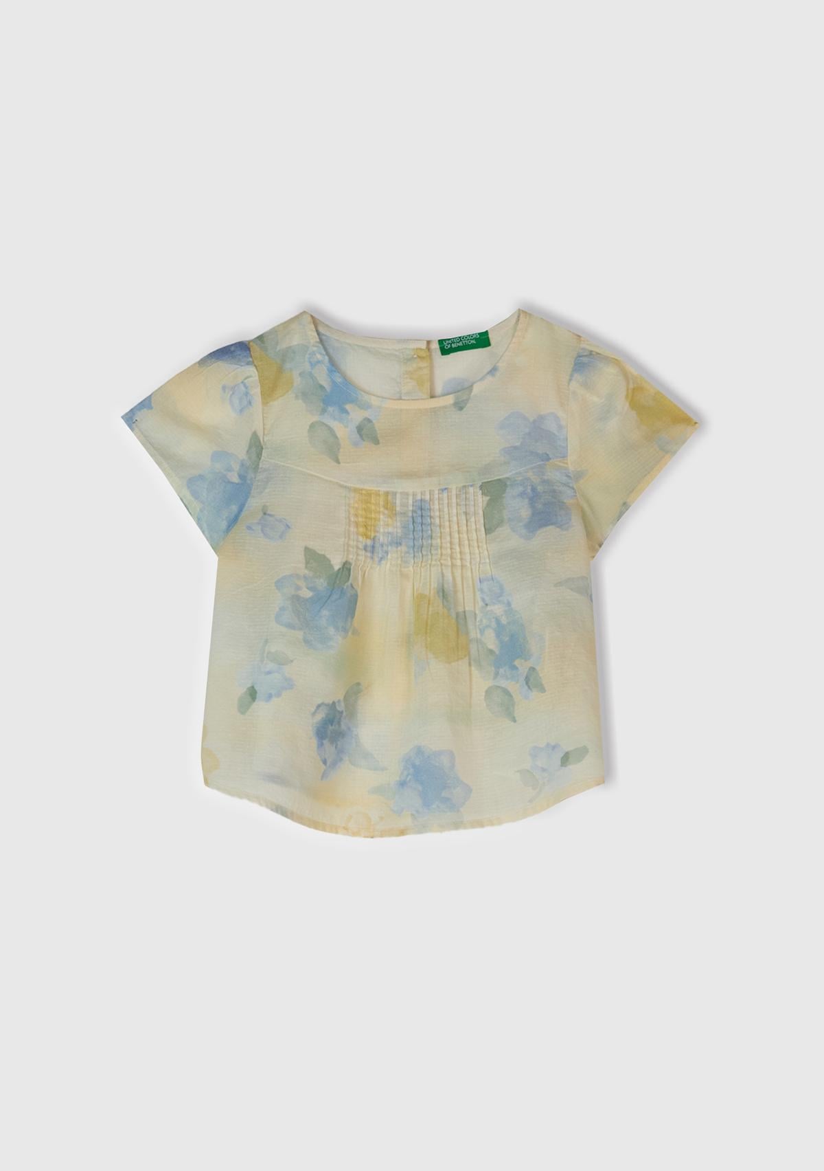  Kız Çocuk Sarı Mavi Tamamı Desenli Arkası Düğmeli Pileli Müslin Bluz