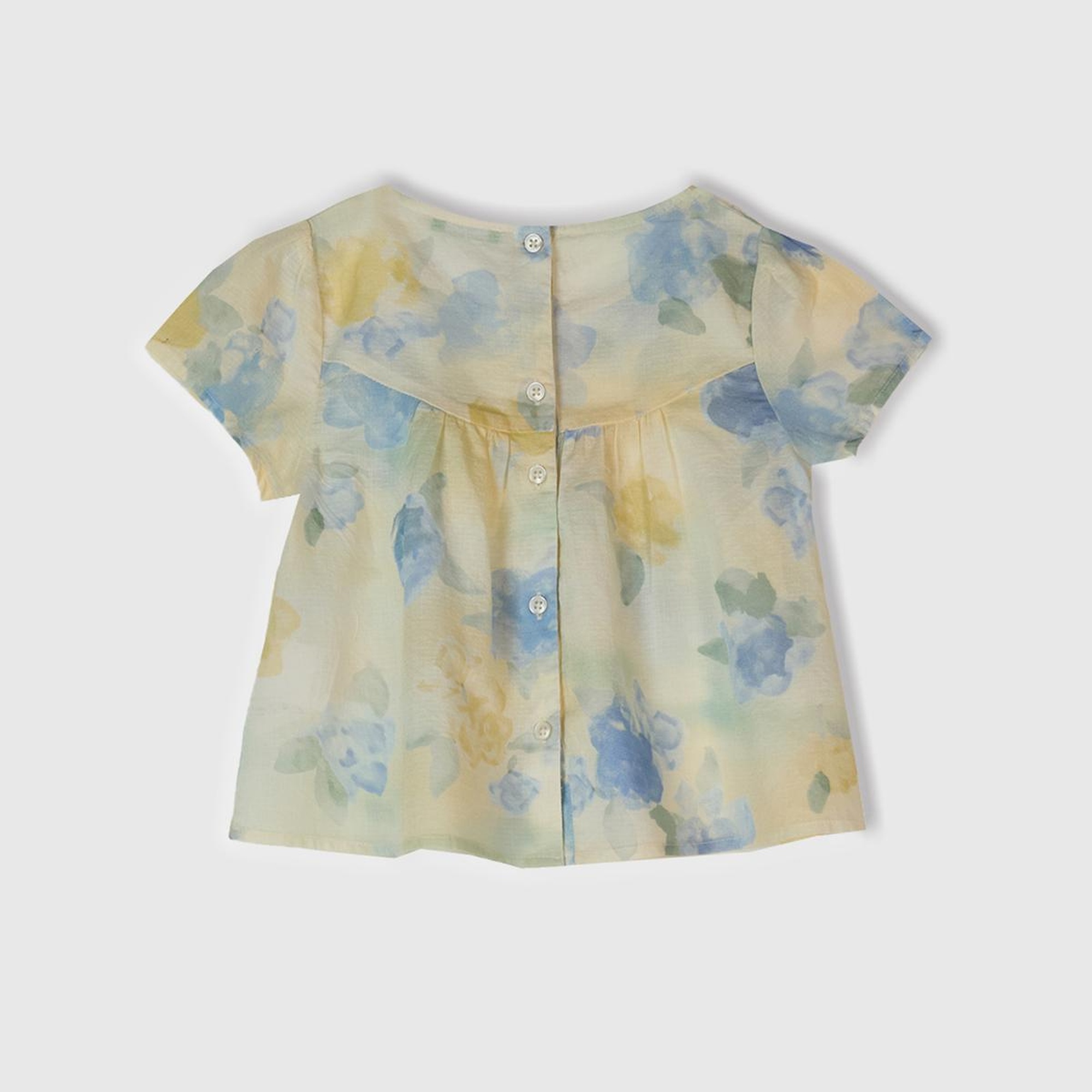 Kız Çocuk Sarı Mavi Tamamı Desenli Arkası Düğmeli Pileli Müslin Bluz