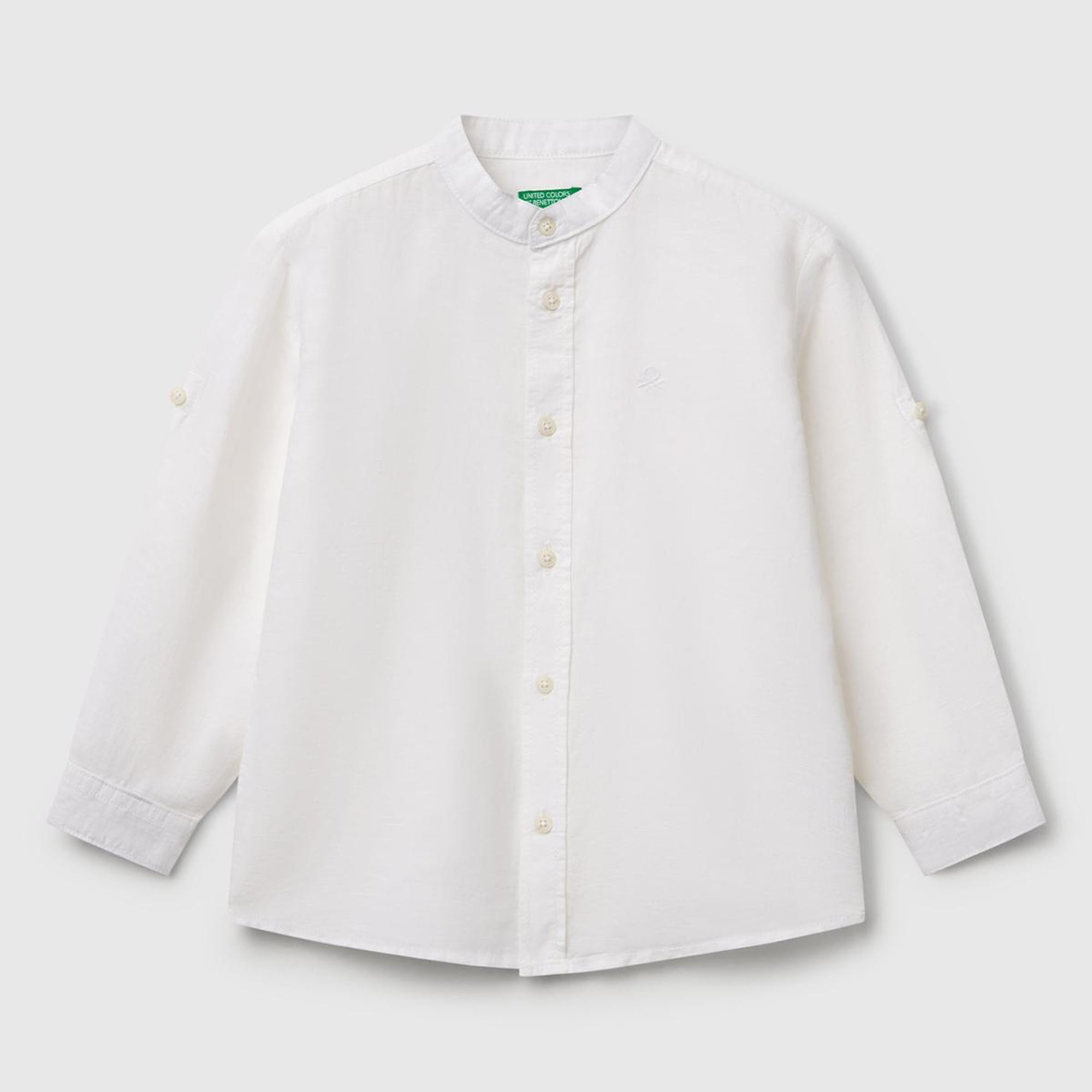 Erkek Çocuk Beyaz Keten Karışımlı Kolu Kıvırmalı Hakim Yaka Gömlek