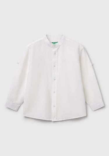  Erkek Çocuk Beyaz Keten Karışımlı Kolu Kıvırmalı Hakim Yaka Gömlek