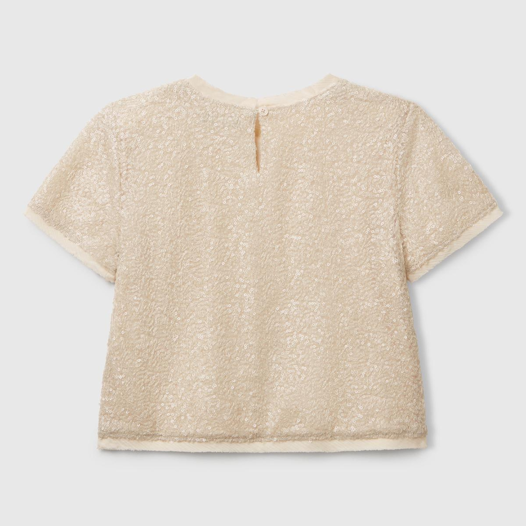 Kız Çocuk Ekru Payetli Tül Astarlı Arkası Tek Düğmeli Kısa Kollu Bluz