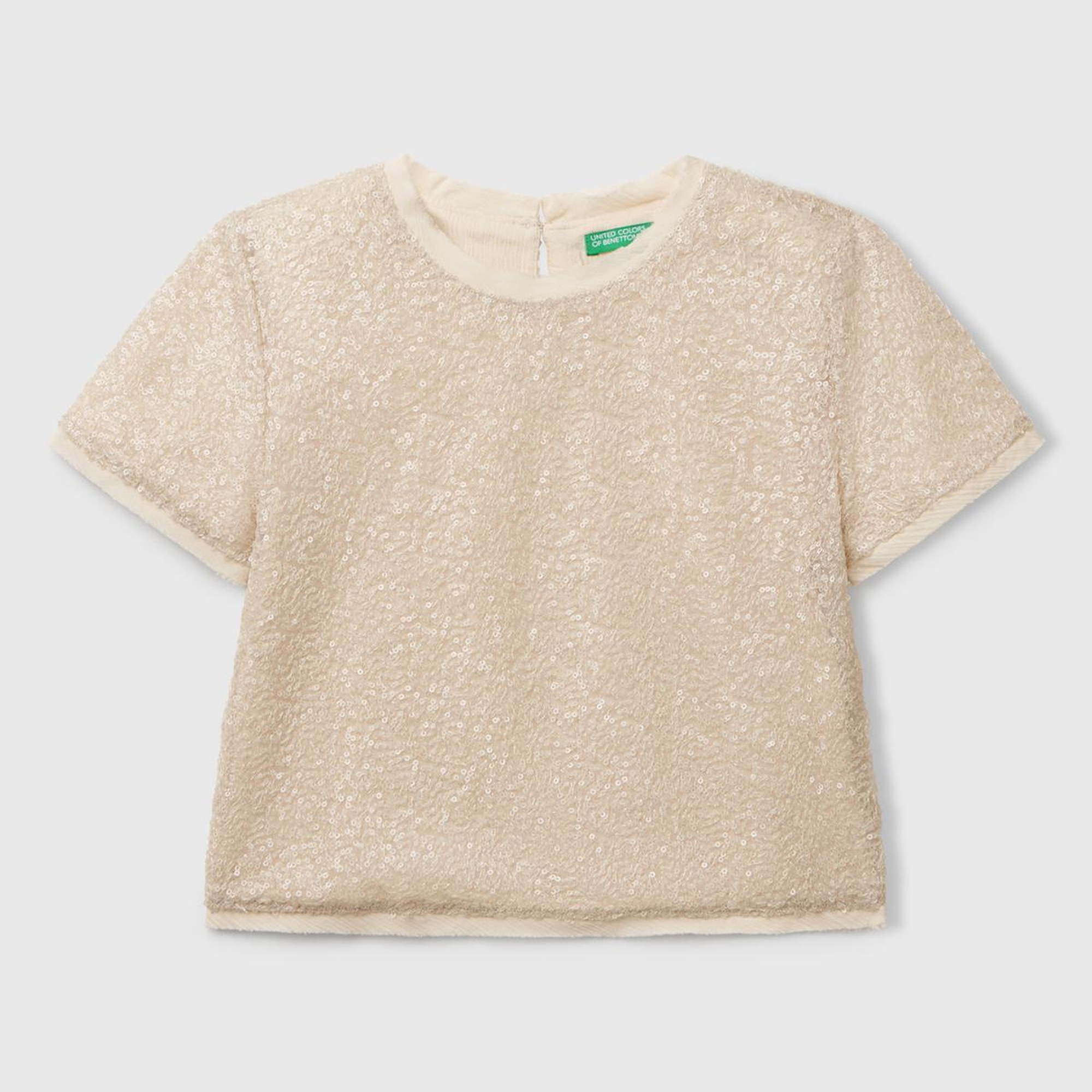 Kız Çocuk Ekru Payetli Tül Astarlı Arkası Tek Düğmeli Kısa Kollu Bluz