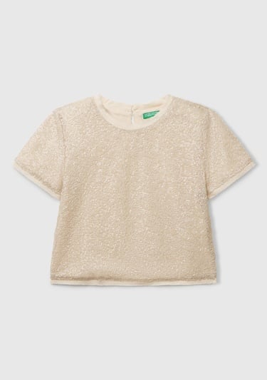  Kız Çocuk Ekru Payetli Tül Astarlı Arkası Tek Düğmeli Kısa Kollu Bluz