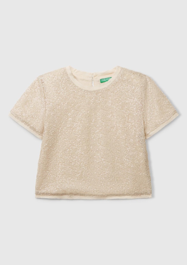  Kız Çocuk Ekru Payetli Tül Astarlı Arkası Tek Düğmeli Kısa Kollu Bluz