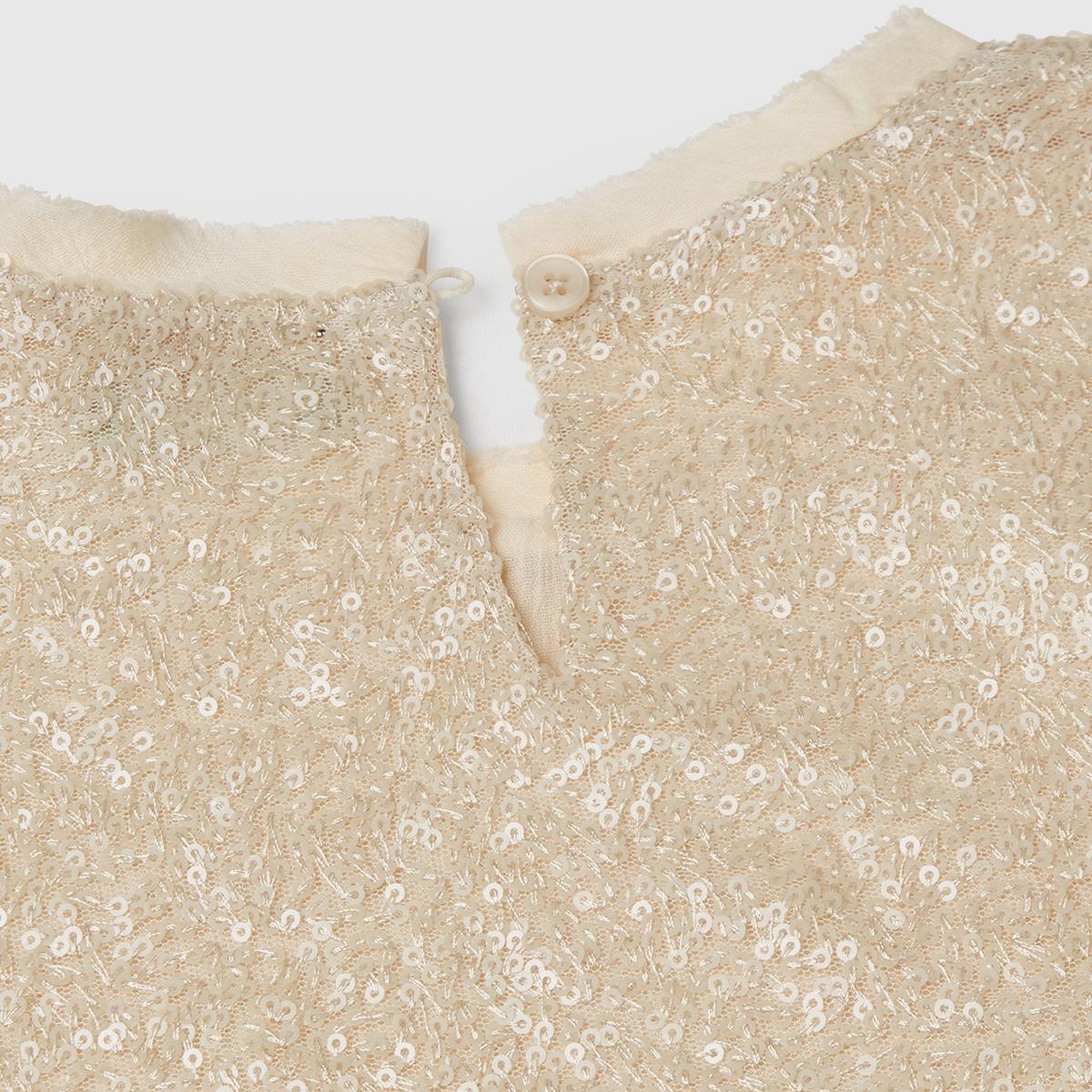 Kız Çocuk Ekru Payetli Tül Astarlı Arkası Tek Düğmeli Kısa Kollu Bluz