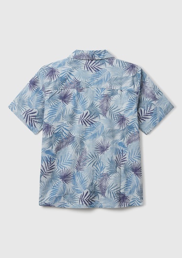  Erkek Çocuk Havacı Mavi Keten Karışımlı Tamamı Desenli Tek Cep Detaylı Kısa Kollu Gömlek