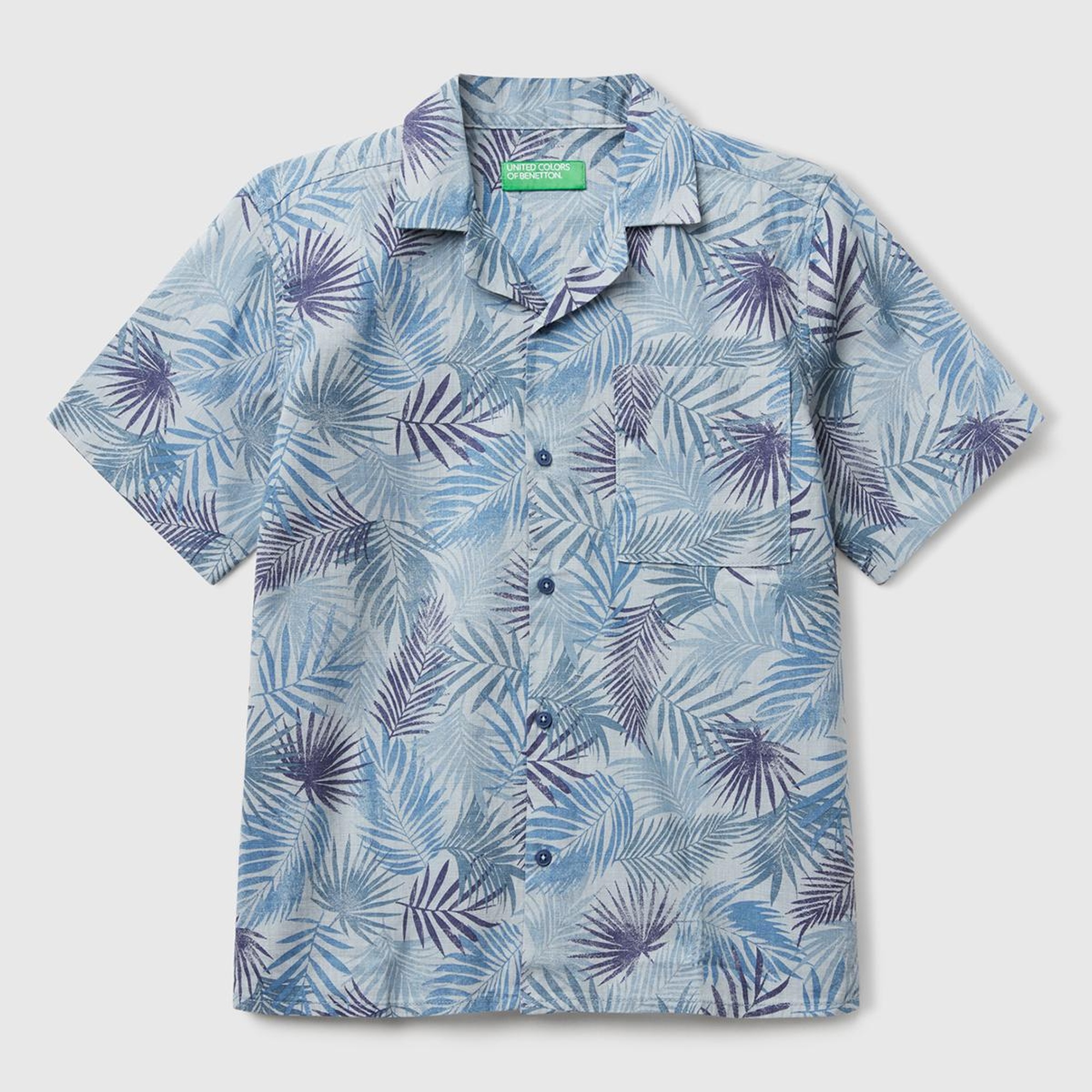 Erkek Çocuk Havacı Mavi Keten Karışımlı Tamamı Desenli Tek Cep Detaylı Kısa Kollu Gömlek