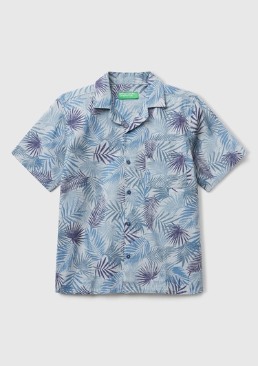  Erkek Çocuk Havacı Mavi Keten Karışımlı Tamamı Desenli Tek Cep Detaylı Kısa Kollu Gömlek
