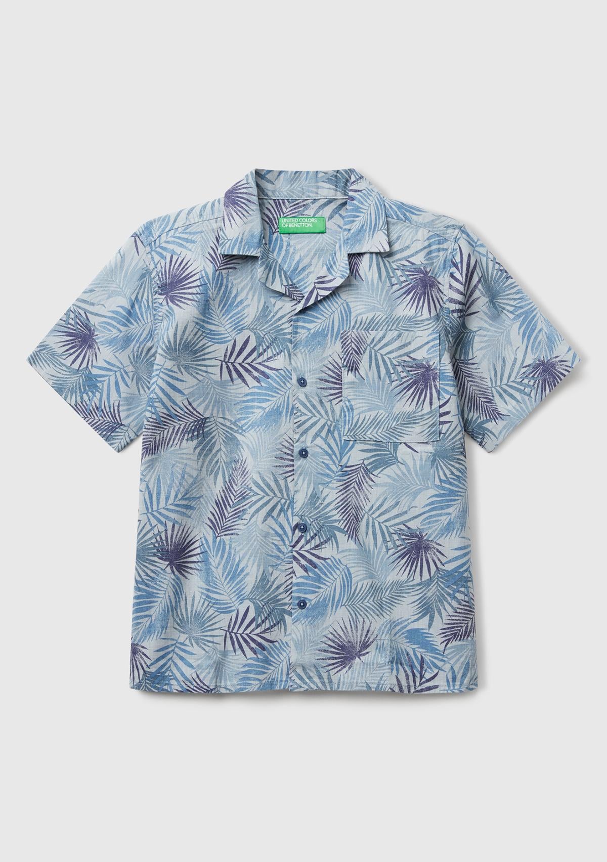  Erkek Çocuk Havacı Mavi Keten Karışımlı Tamamı Desenli Tek Cep Detaylı Kısa Kollu Gömlek