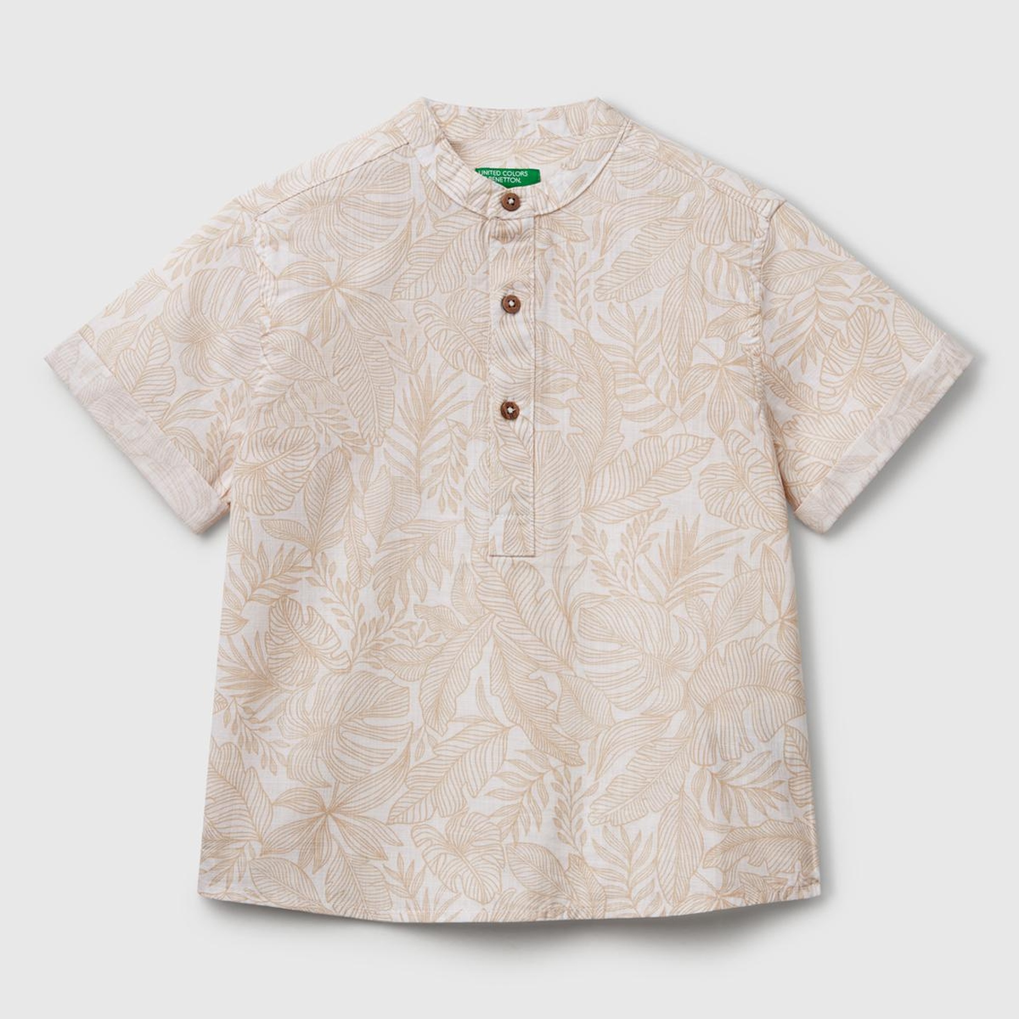 Erkek Çocuk Ekru Keten Karışımlı Tamamı Desenli Önü Düğme Detaylı Hakim Yaka Gömlek