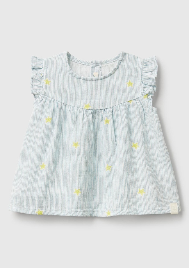  Bebek Toz Mavi Desenli Düğmeli Kolu Fırfırlı Gömlek