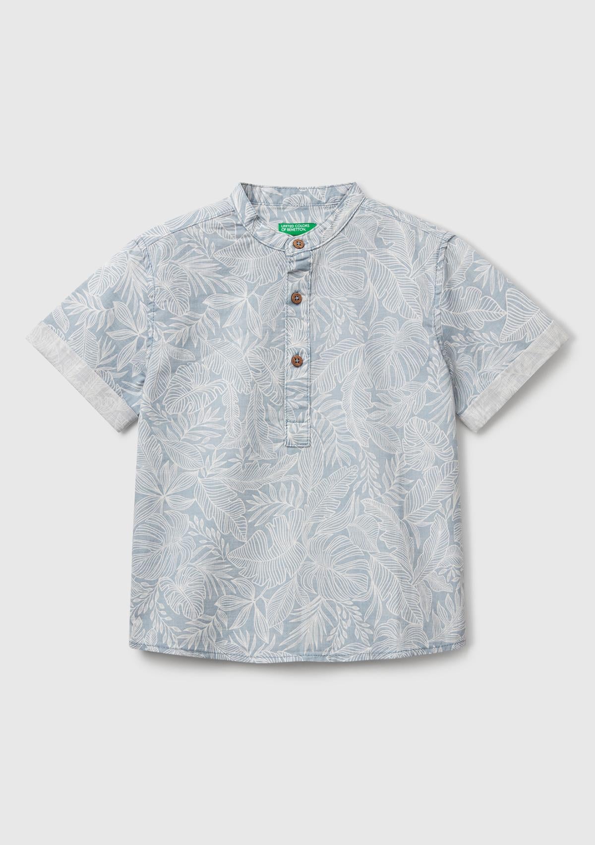  Erkek Çocuk Mavi Keten Karışımlı Tamamı Desenli Önü Düğme Detaylı Hakim Yaka Gömlek