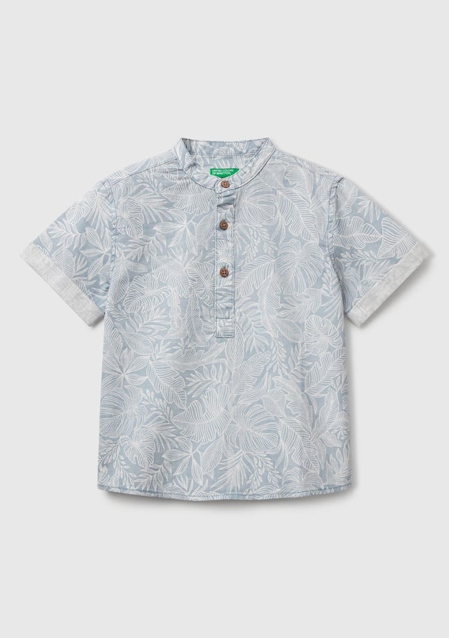  Erkek Çocuk Mavi Keten Karışımlı Tamamı Desenli Önü Düğme Detaylı Hakim Yaka Gömlek