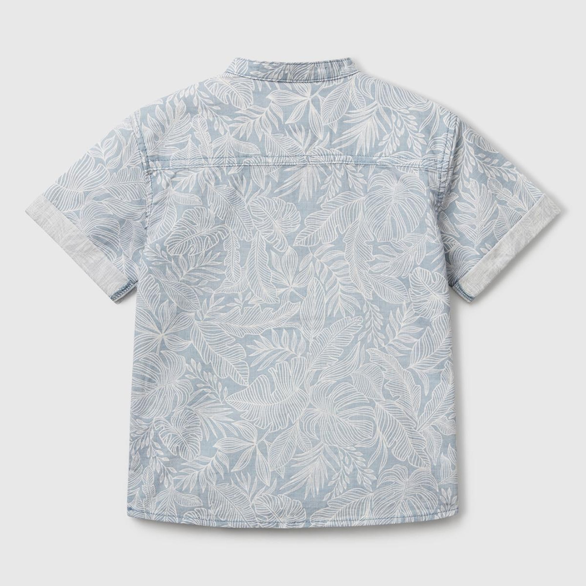 Erkek Çocuk Mavi Keten Karışımlı Tamamı Desenli Önü Düğme Detaylı Hakim Yaka Gömlek