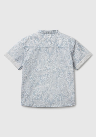  Erkek Çocuk Mavi Keten Karışımlı Tamamı Desenli Önü Düğme Detaylı Hakim Yaka Gömlek