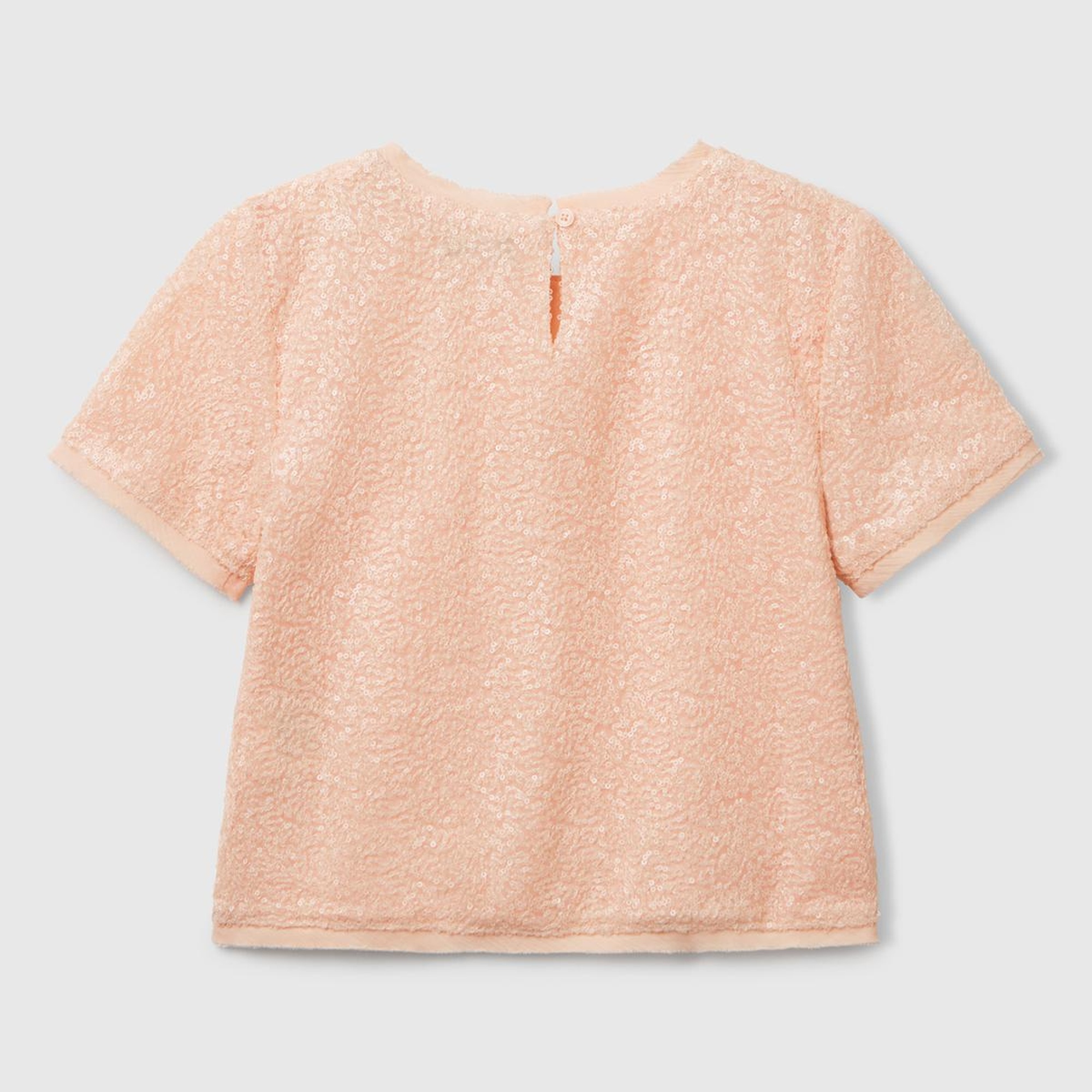 Kız Çocuk Yavruağzı Payetli Tül Astarlı Arkası Tek Düğmeli Kısa Kollu Bluz