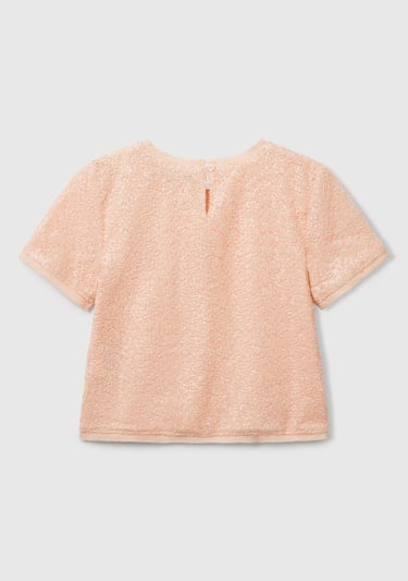  Kız Çocuk Yavruağzı Payetli Tül Astarlı Arkası Tek Düğmeli Kısa Kollu Bluz