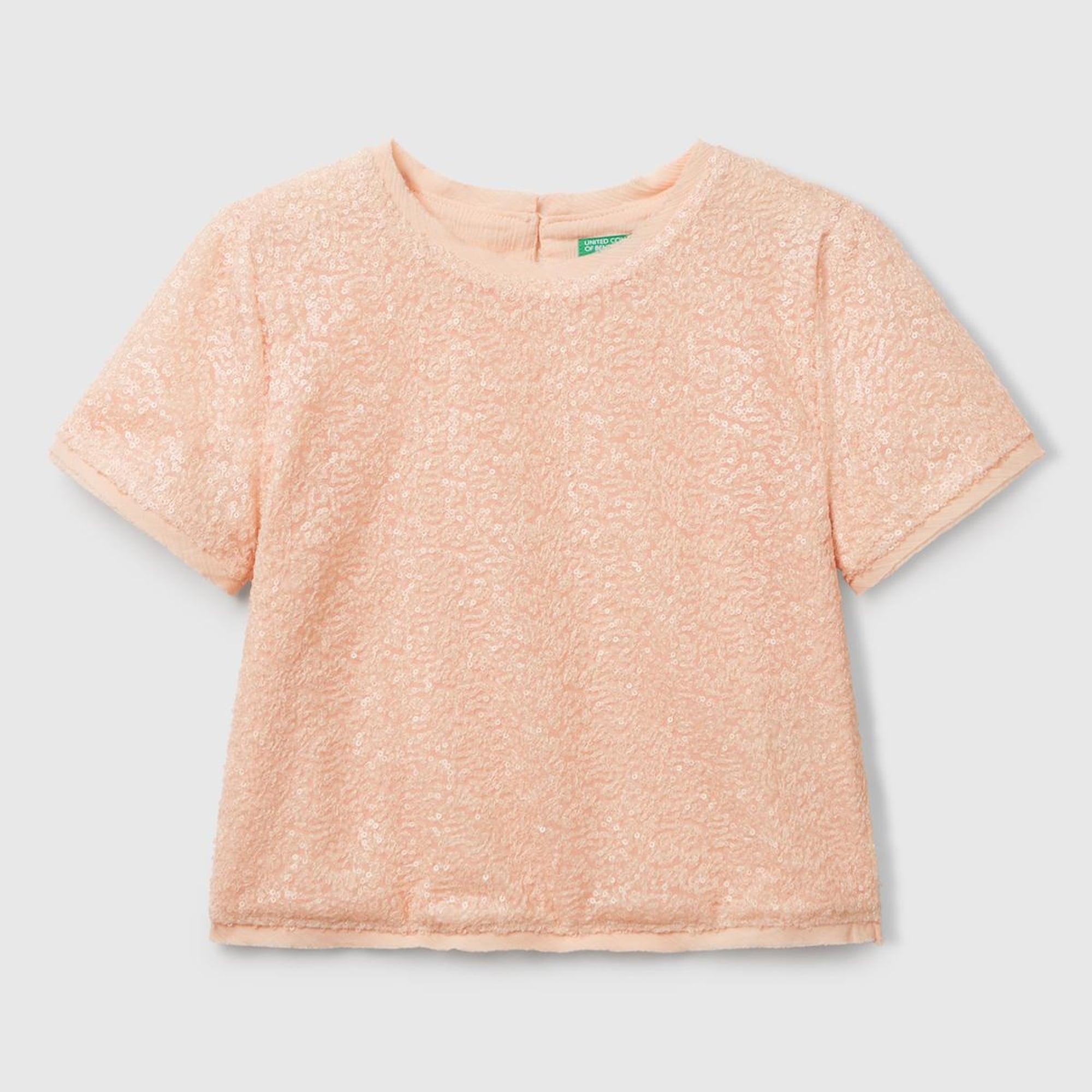 Kız Çocuk Yavruağzı Payetli Tül Astarlı Arkası Tek Düğmeli Kısa Kollu Bluz