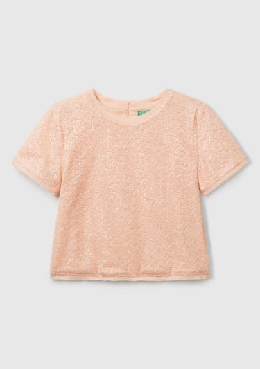  Kız Çocuk Yavruağzı Payetli Tül Astarlı Arkası Tek Düğmeli Kısa Kollu Bluz