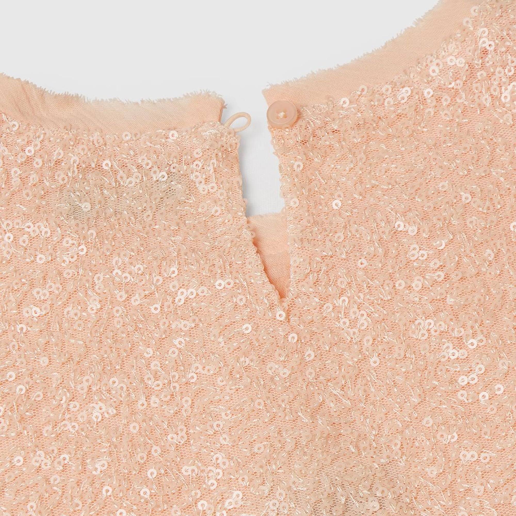 Kız Çocuk Yavruağzı Payetli Tül Astarlı Arkası Tek Düğmeli Kısa Kollu Bluz