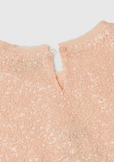  Kız Çocuk Yavruağzı Payetli Tül Astarlı Arkası Tek Düğmeli Kısa Kollu Bluz