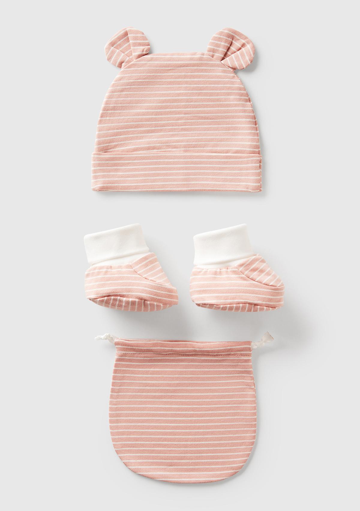  Bebek Pembe Kulak Aplikeli Şapka ve Patik Çantalı Takım
