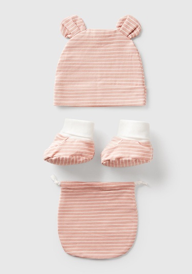  Bebek Pembe Kulak Aplikeli Şapka ve Patik Çantalı Takım