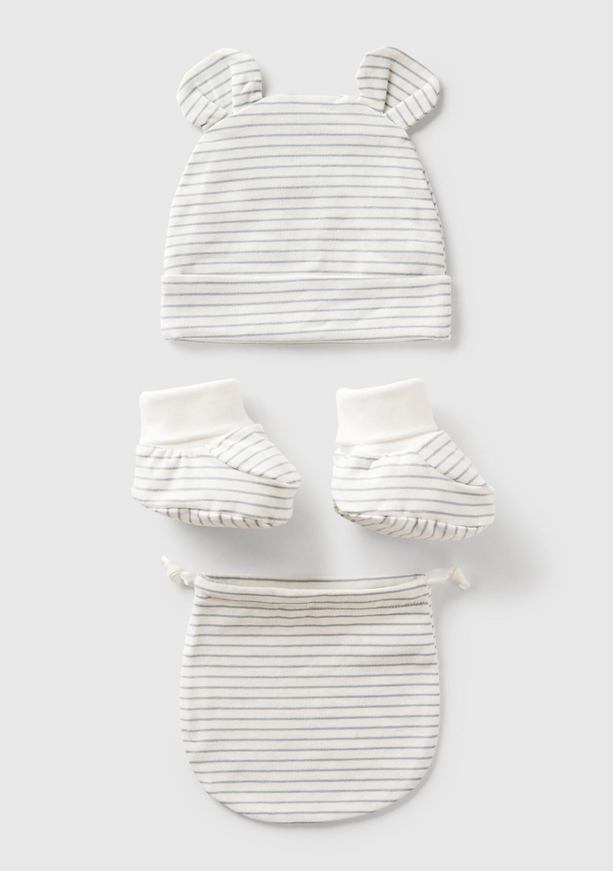  Bebek Beyaz Kulak Aplikeli Şapka ve Patik Çantalı Takım