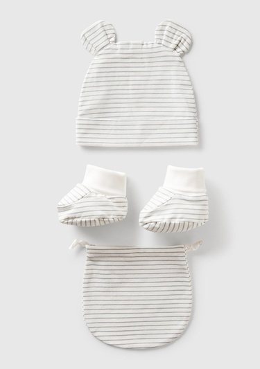  Bebek Beyaz Kulak Aplikeli Şapka ve Patik Çantalı Takım