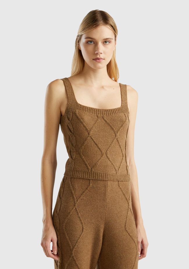  Kadın Taba Kare Yaka Triko Bluz