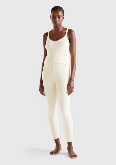  Kadın Krem Beli ve Paçası Lastikli Triko Eşofman Altı