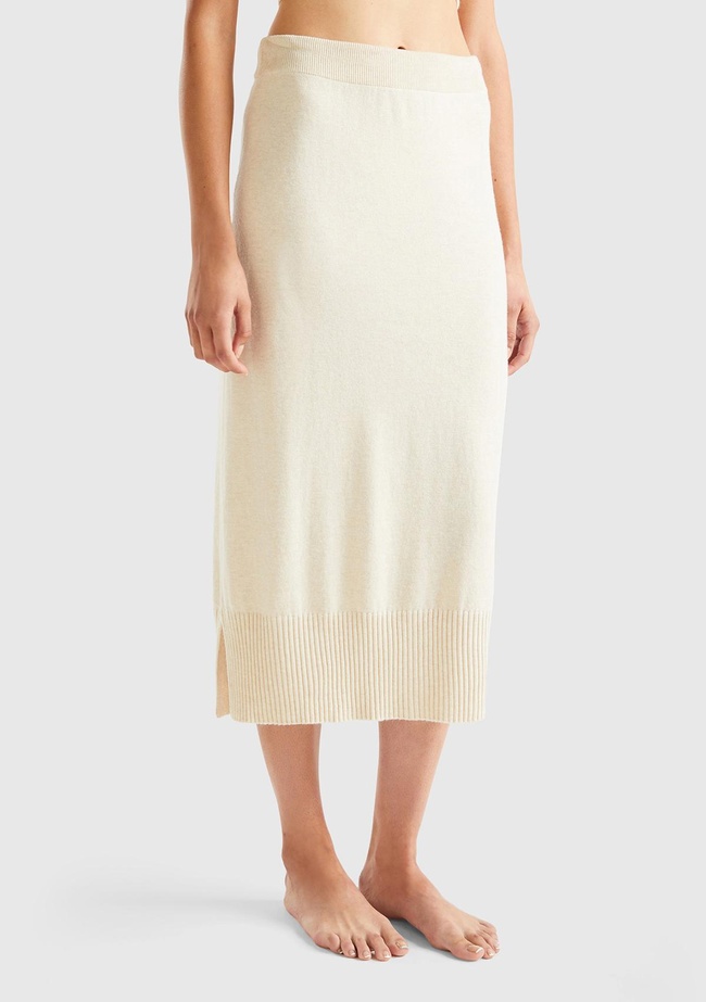  Kadın Bej Beli Lastikli Kaşmir Karışım Etek