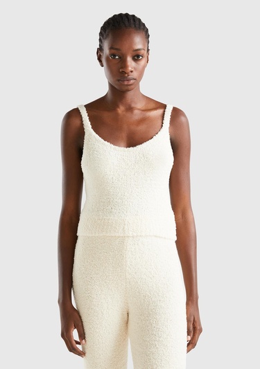  Kadın Krem Triko Crop Atlet