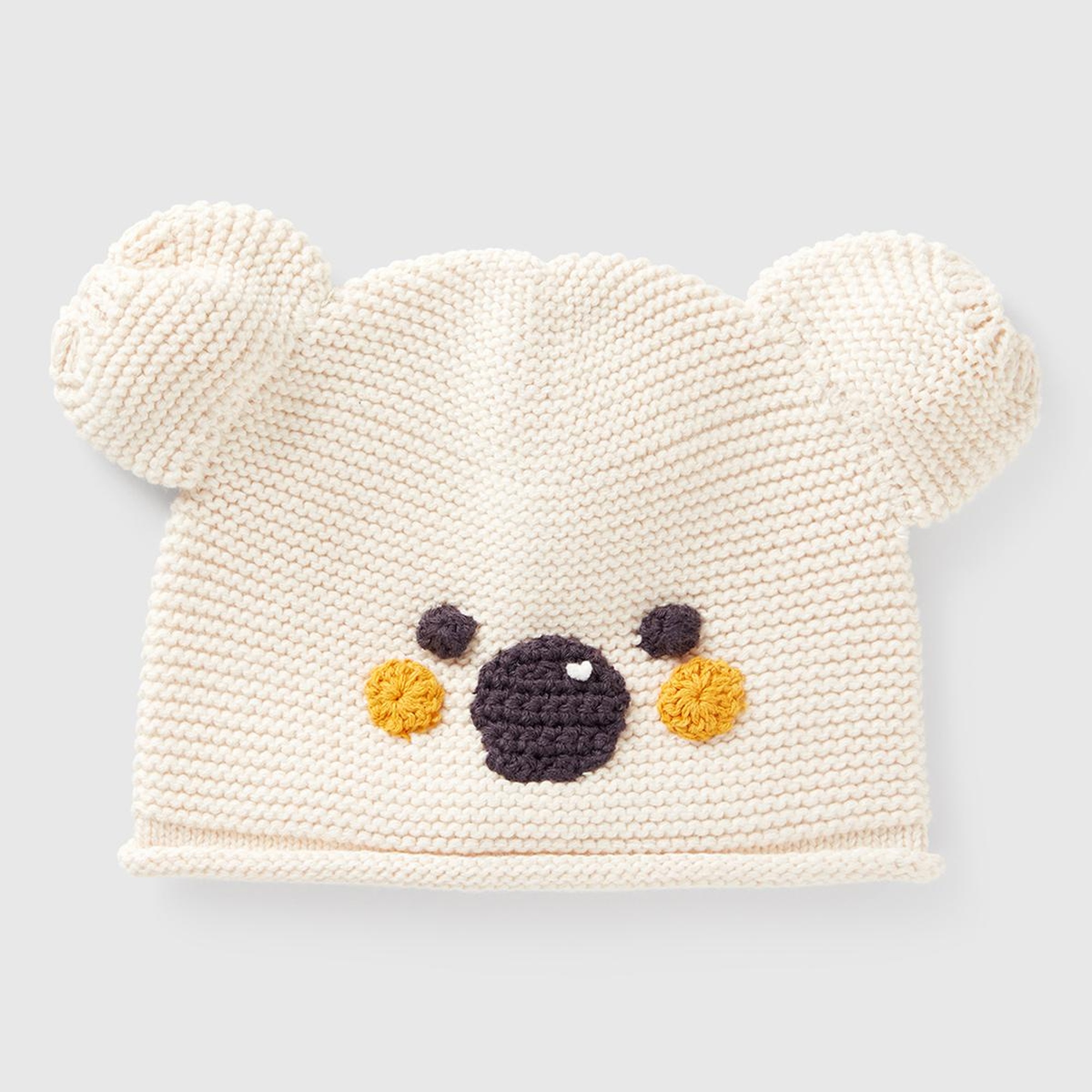 Bebek Ekru Hayvan İşlemeli Kulak Aplikeli Kroşe Şapka