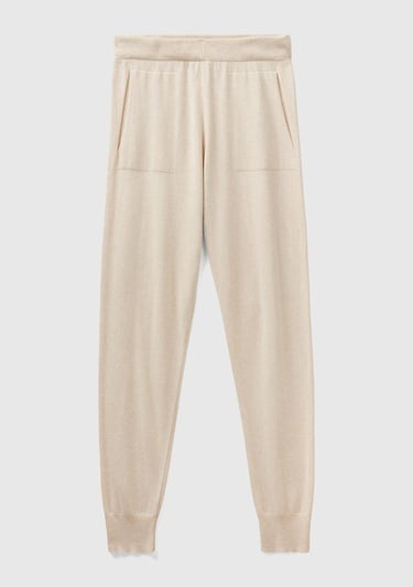  Kadın Bej Paçası Lastikli Kaşmir Karışım Pantolon