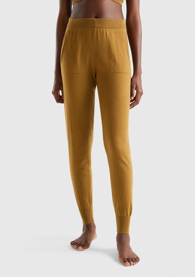  Kadın Taba Paçası Lastikli Kaşmir Karışım Pantolon