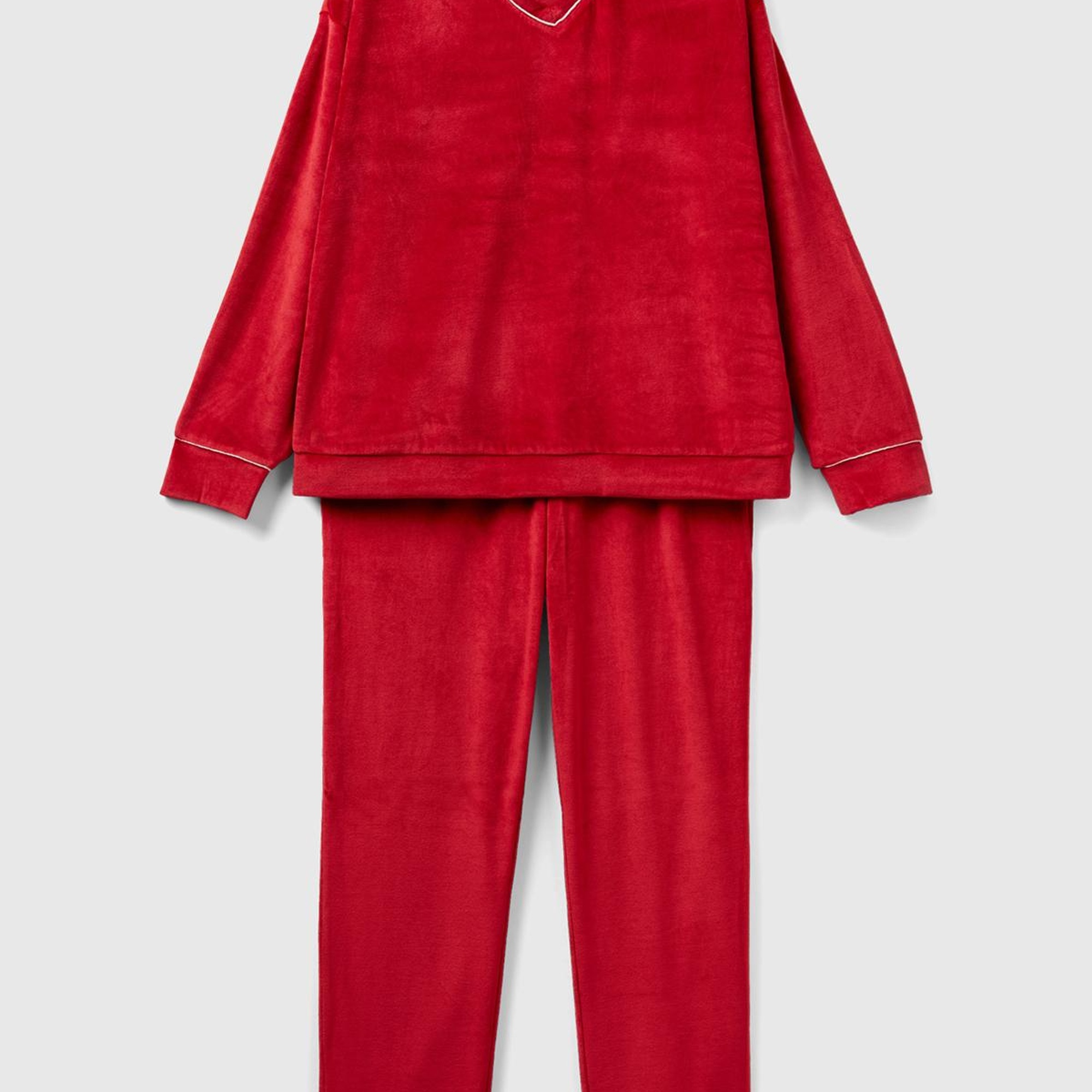 Kadın Kırmızı Çizgi Detaylı V Yaka Pijama Takımı