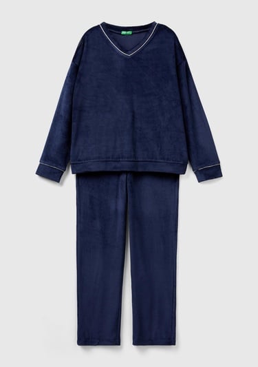  Kadın Lacivert Çizgi Detaylı V Yaka Pijama Takımı