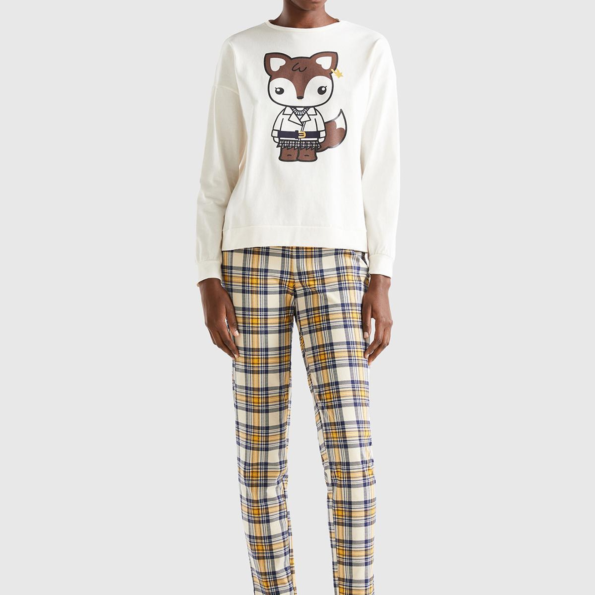 Kadın Krem Ekoseli Hayvan Baskılı Pijama Takımı