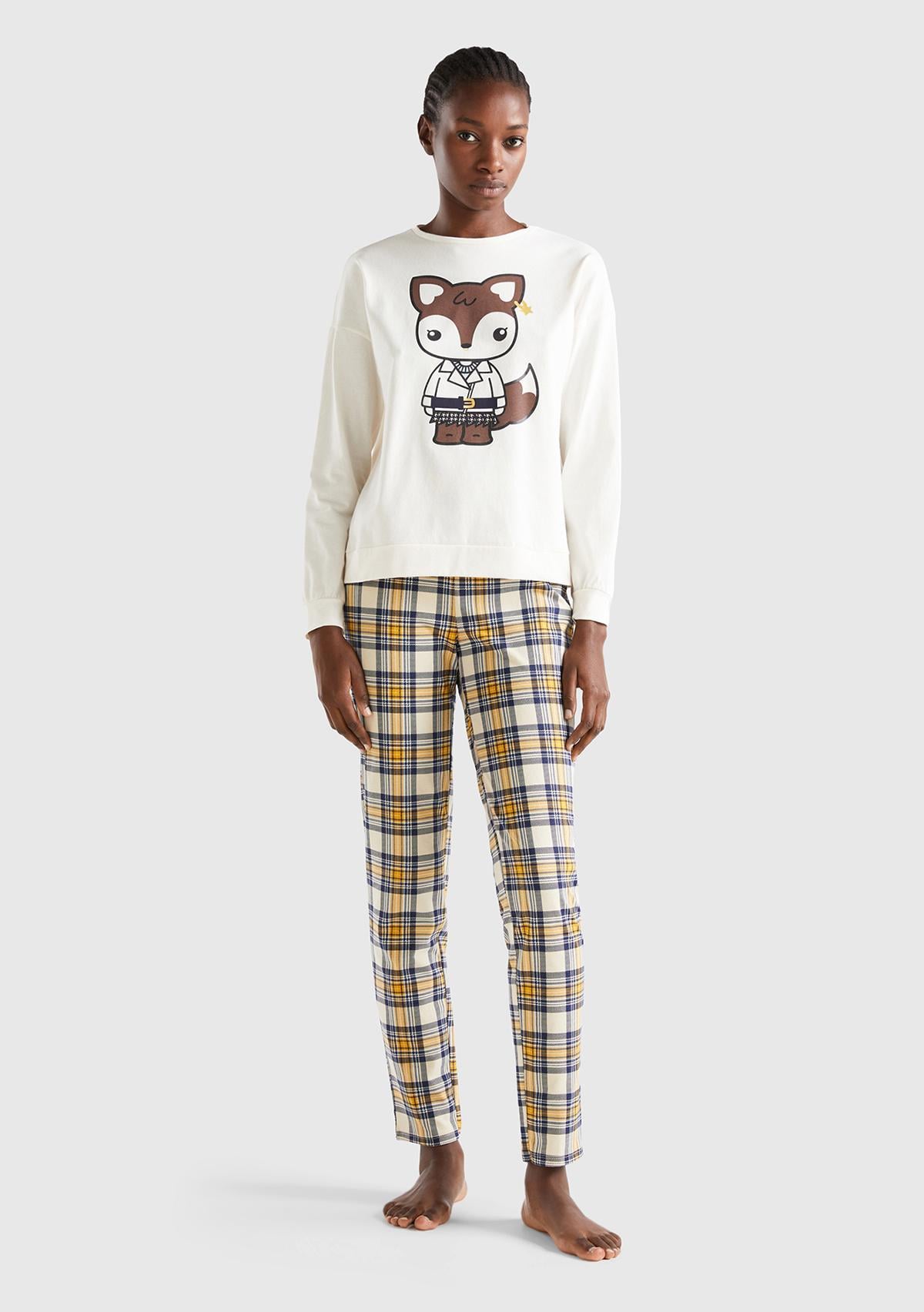  Kadın Krem Ekoseli Hayvan Baskılı Pijama Takımı