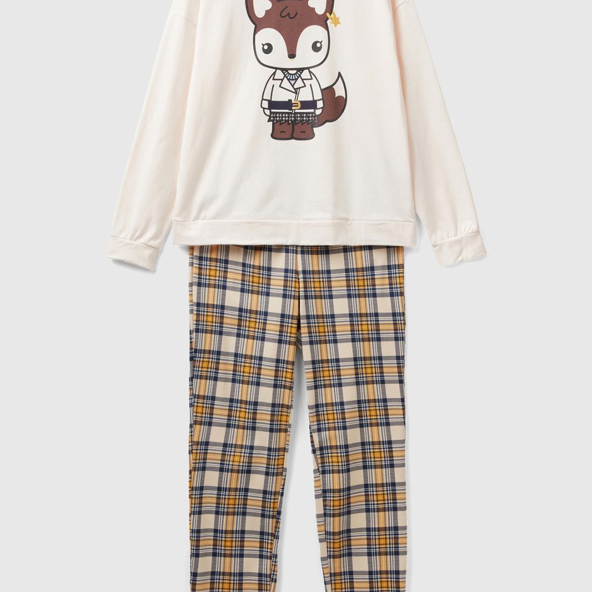 Kadın Krem Ekoseli Hayvan Baskılı Pijama Takımı