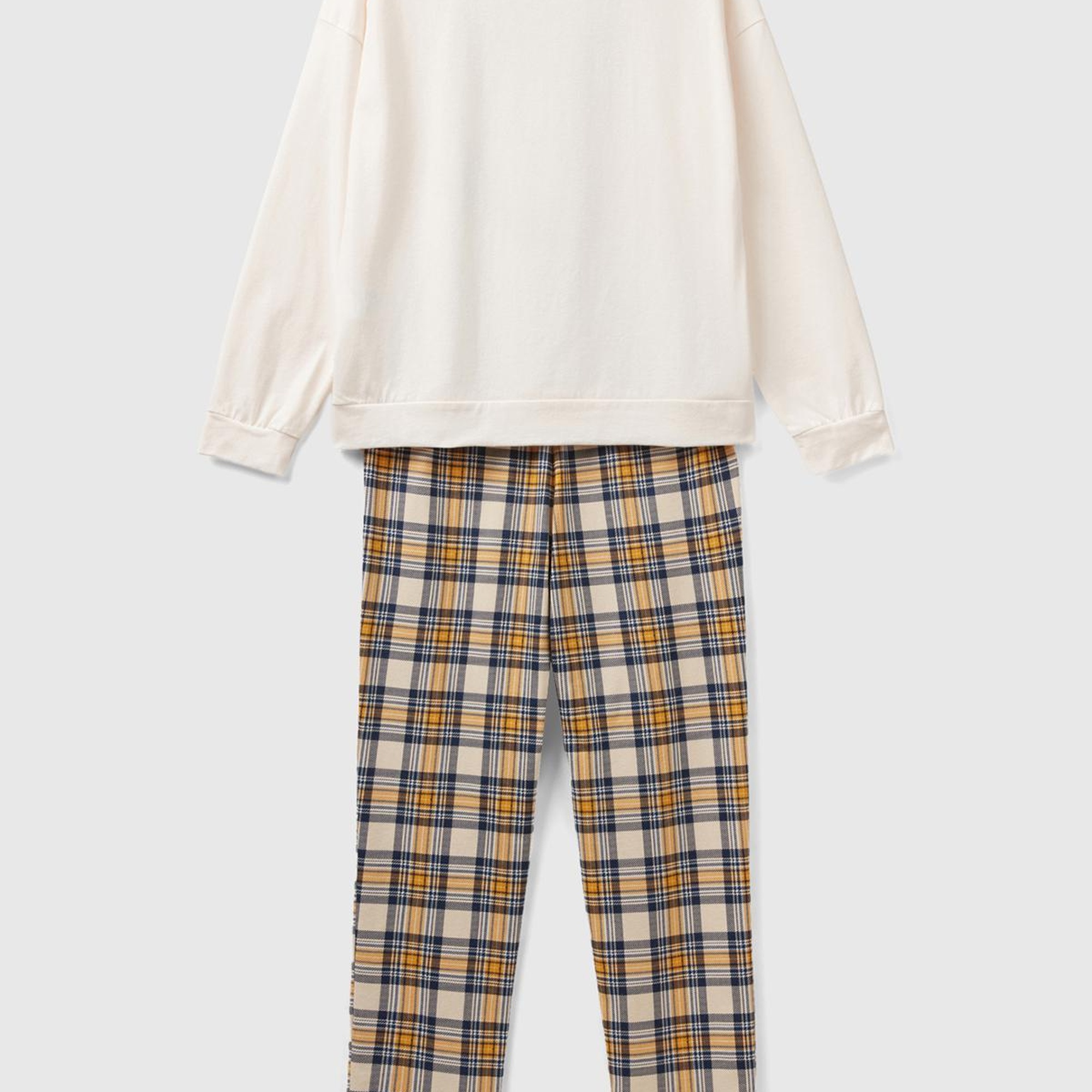 Kadın Krem Ekoseli Hayvan Baskılı Pijama Takımı