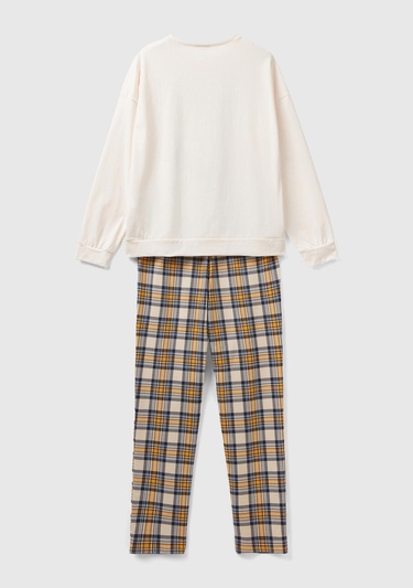  Kadın Krem Ekoseli Hayvan Baskılı Pijama Takımı