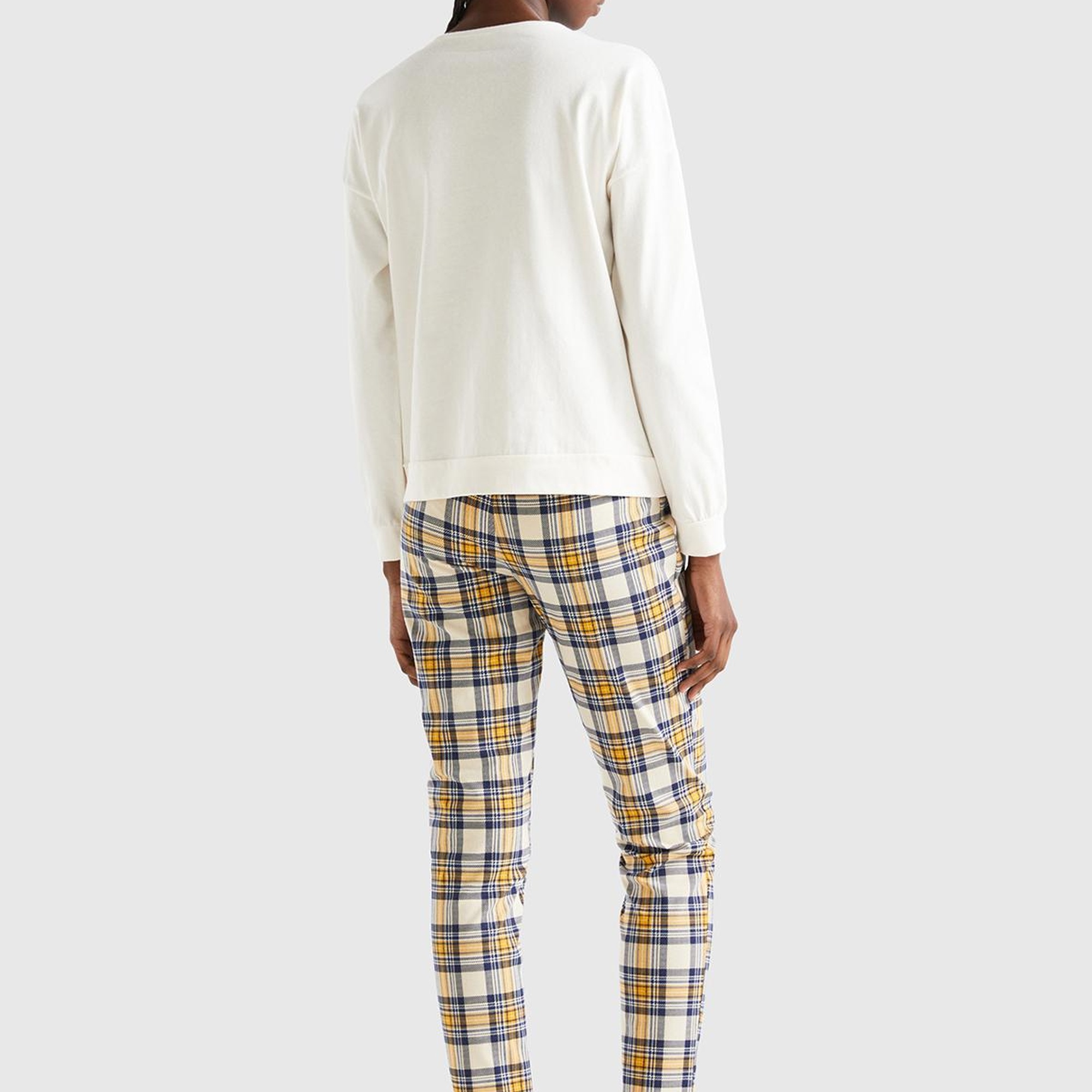 Kadın Krem Ekoseli Hayvan Baskılı Pijama Takımı