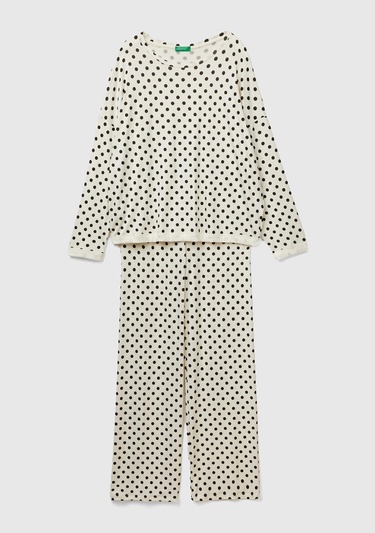  Kadın Krem Tamamı Puantiye Desenli Viskoz Karışımlı Pijama Takımı